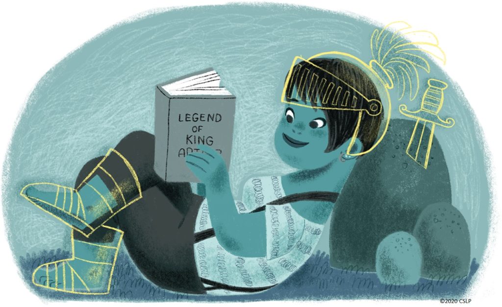 Girl in Knight costume reading a book