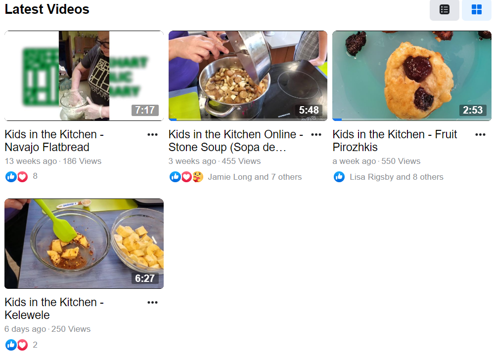 A screenshot of our Kids in the Kitchen Facebook Video Playlist, featuring recipes for Navajo Flatbread, Stone Soup, Fruit Pirozhkis, and Kelewele