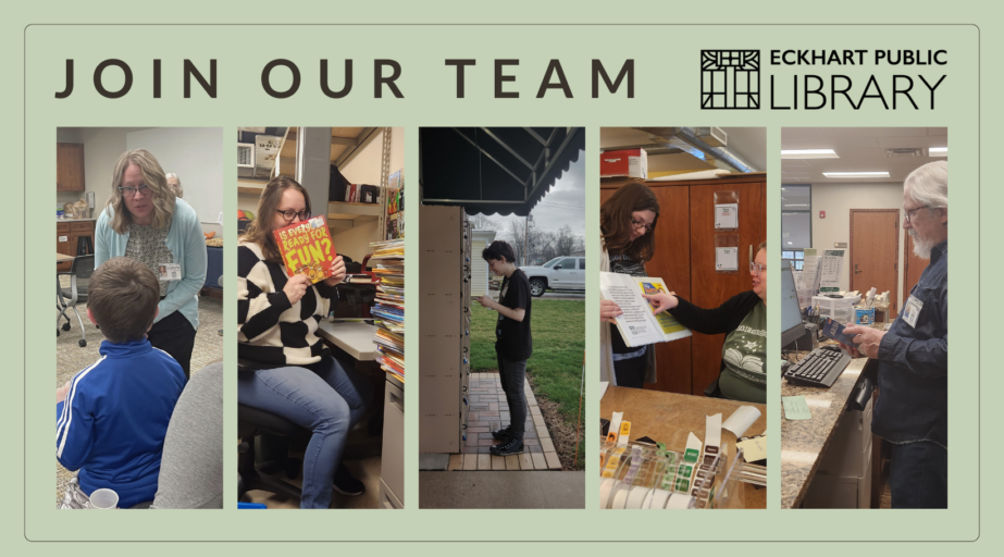 Join Our Team graphic with photos of library staff performing various tasks at work.